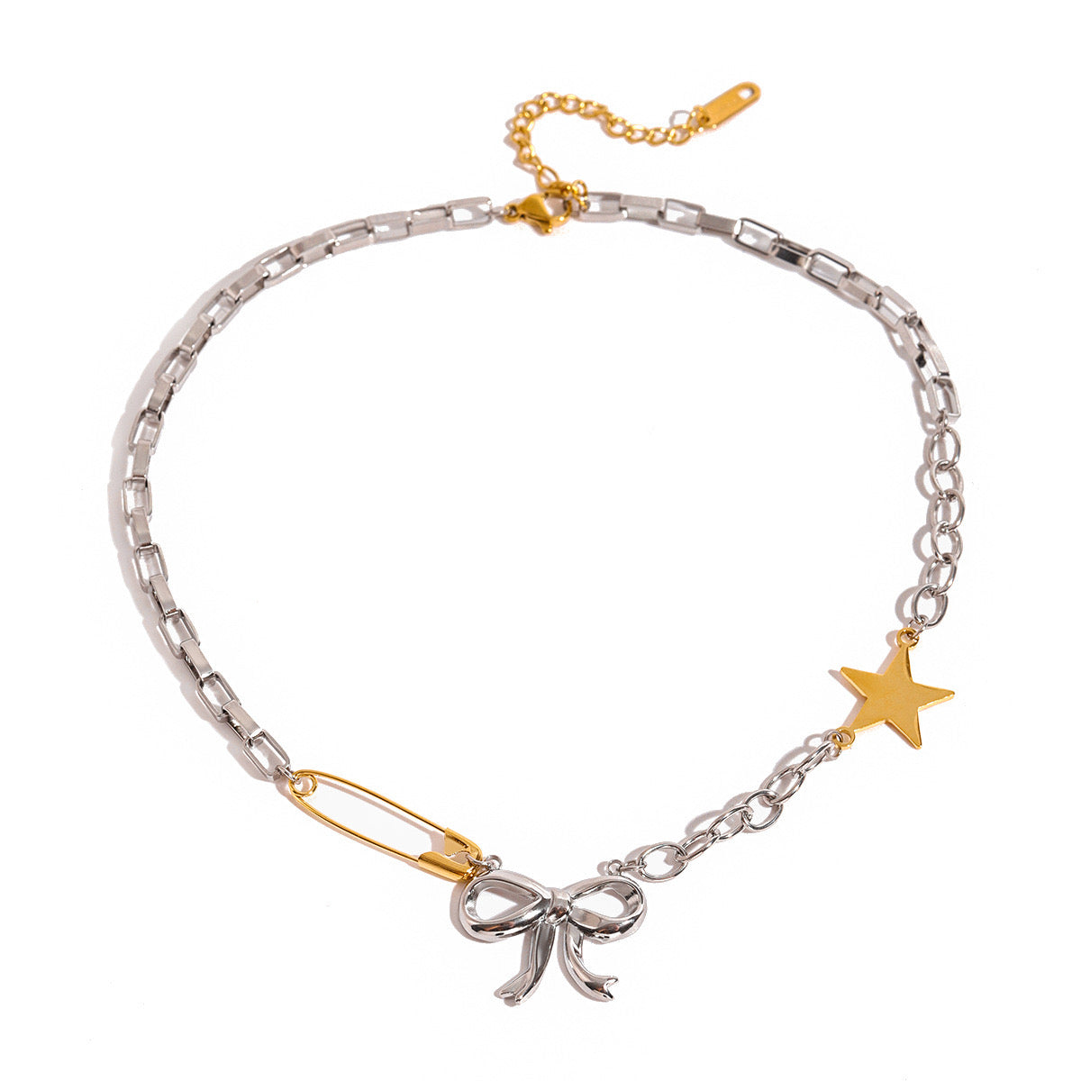 Collar Esferas Doradas con Dije de Collar Bicolor con Lazo, Estrella Dorada y Detalles ModernosMariposa en Acero Inoxidable