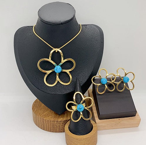 Set de Joyería Flor en Acero Inoxidable – Variantes con Perla, Turquesa o Piedra Negra