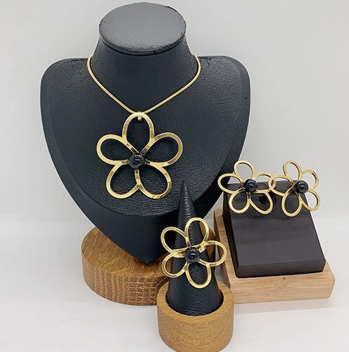 Set de Joyería Flor en Acero Inoxidable – Variantes con Perla, Turquesa o Piedra Negra