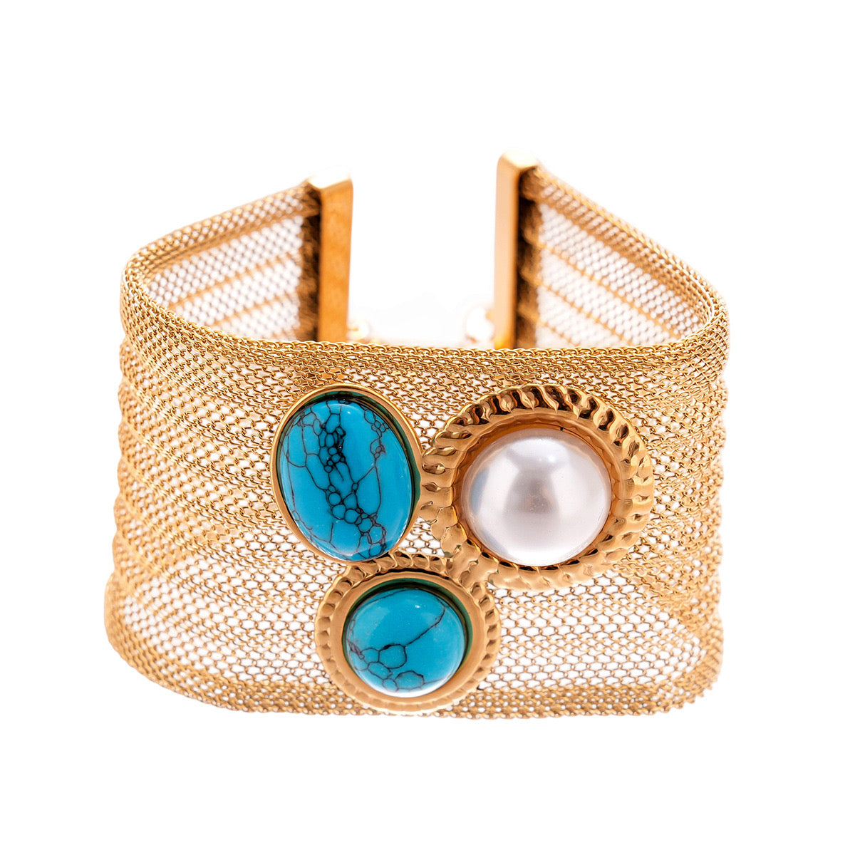 Pulsera de Malla Dorada con Turquesas y Perla Central
