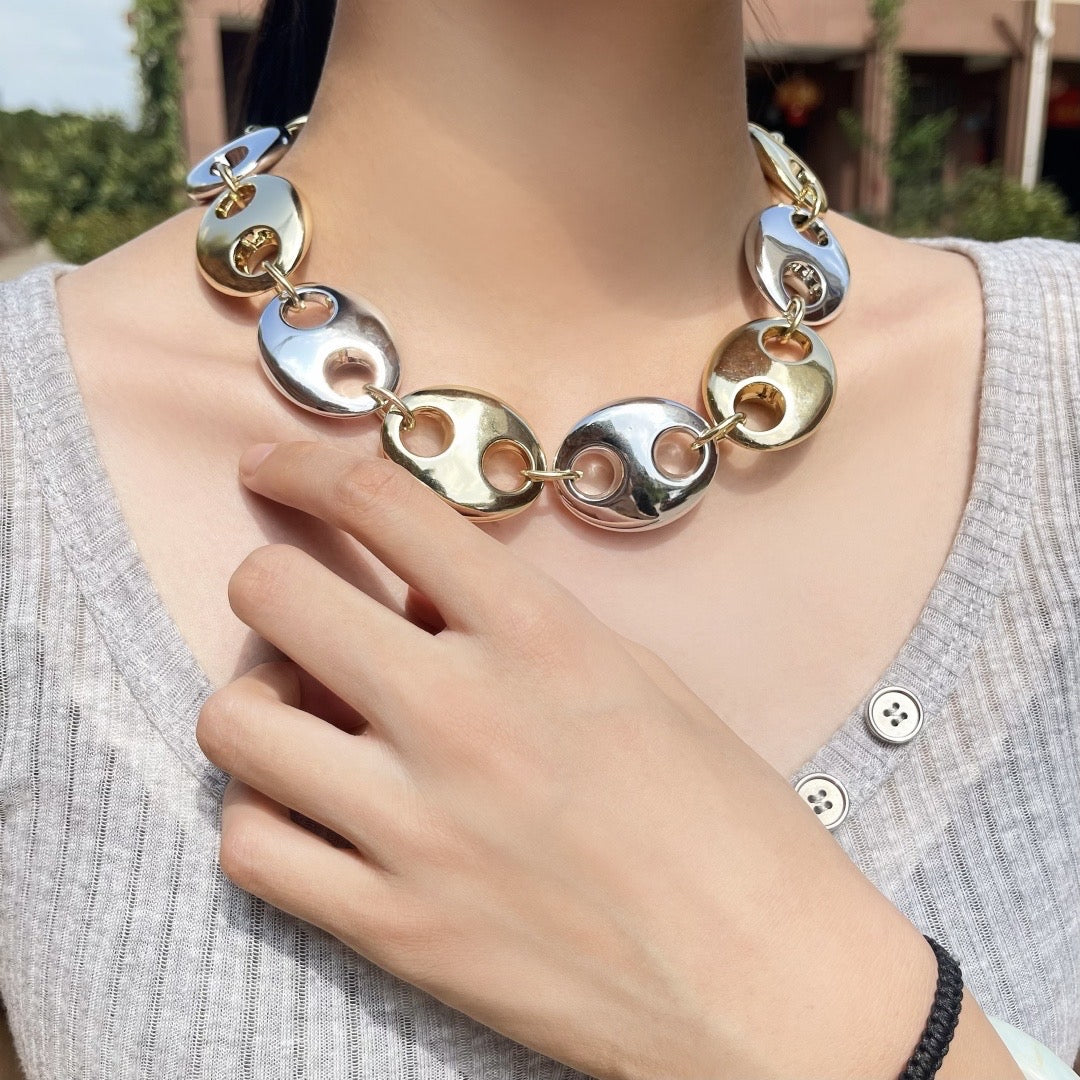 Collar Chunky de Eslabones Circulares en Acero Inoxidable – Plata, Oro y Doble Tono