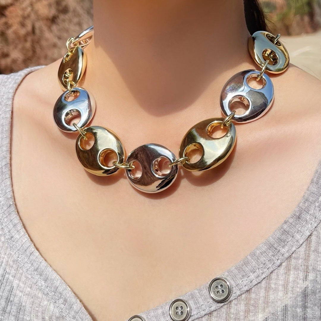 Collar Chunky de Eslabones Circulares en Acero Inoxidable – Plata, Oro y Doble Tono