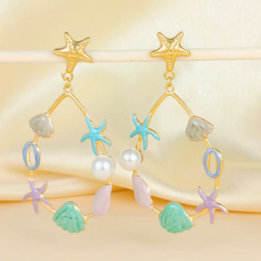 Aretes Aro Marino con Estrellas de Mar y Detalles Multicolor