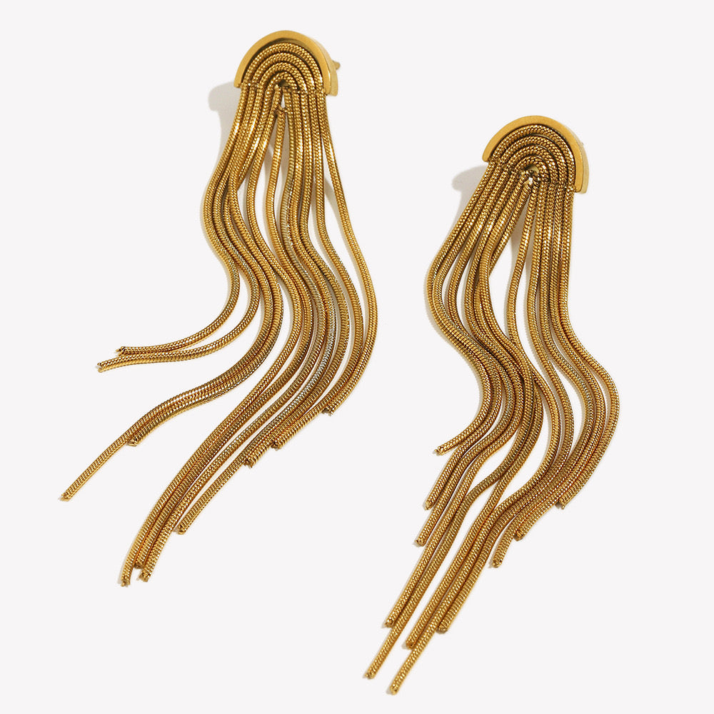 Aretes Largos Dorados con Flecos de Cadenas Elegantes