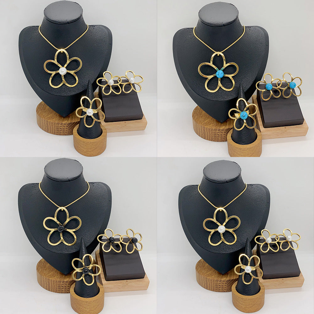 Set de Joyería Flor en Acero Inoxidable – Variantes con Perla, Turquesa o Piedra Negra