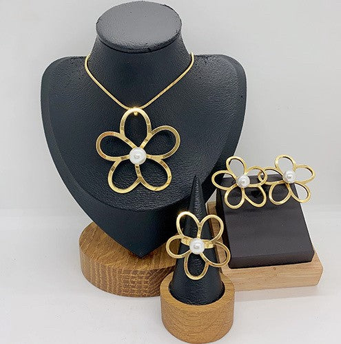 Set de Joyería Flor en Acero Inoxidable – Variantes con Perla, Turquesa o Piedra Negra