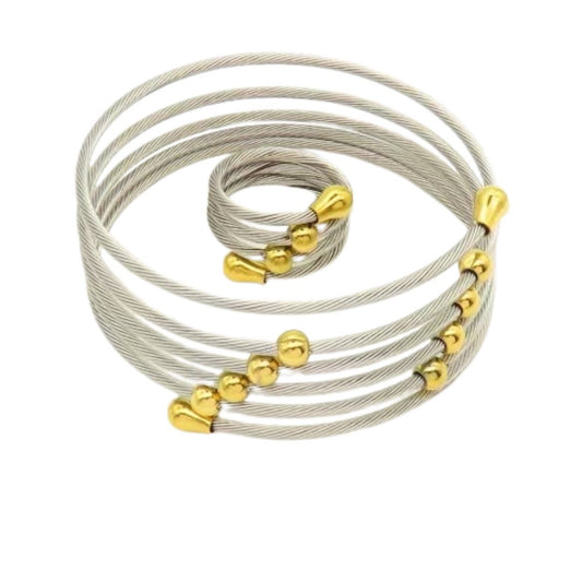 Pulsera Ajustable de Cable Acero con Esferas – Plata, Oro y Doble Tono