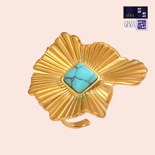 Sortija Flor dorada con piedra turquesa